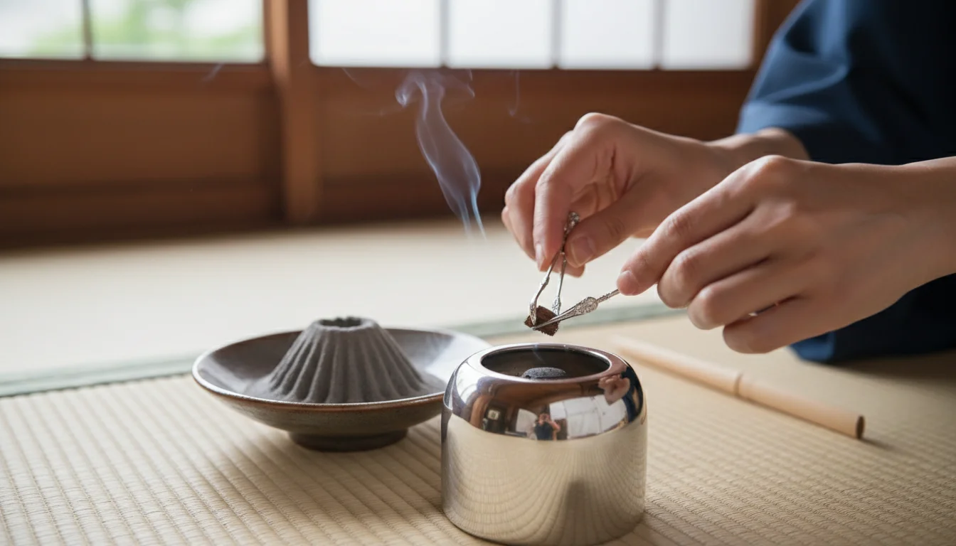 香炉のそばで香木の香りを聞くために手を添える様子