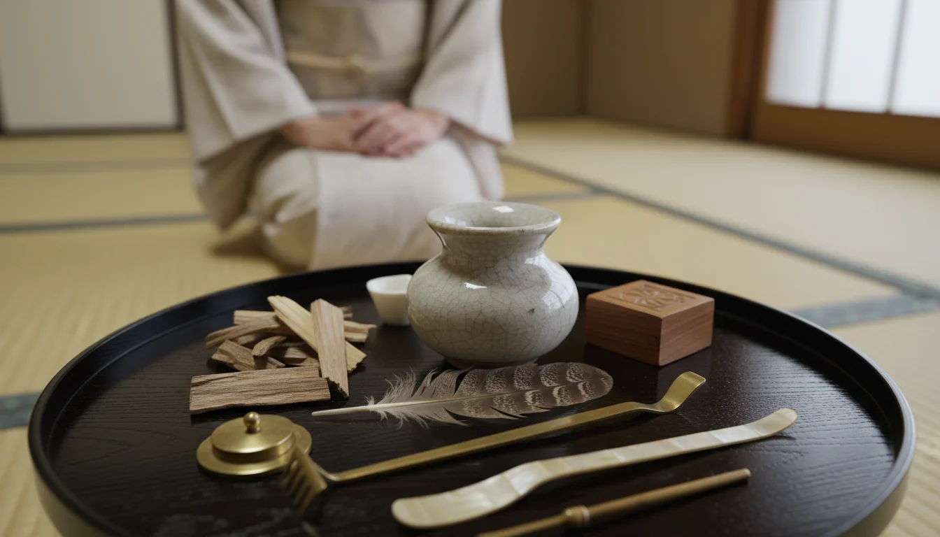 香木の小片と香炉、香箸を白い布の上に整えた香道具